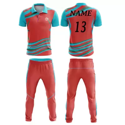 Aqua Blue & Red Cricket Uniform