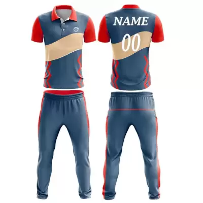 Navy Blue, Beige & Red Cricket Uniform
